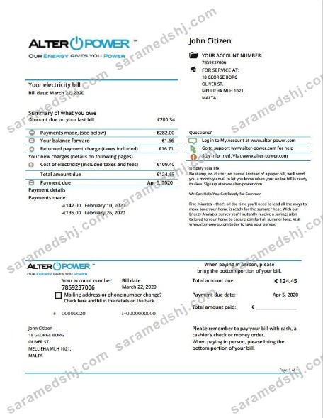 Malta AlterPower Malta proof of address utility bill template in Word and PDF format